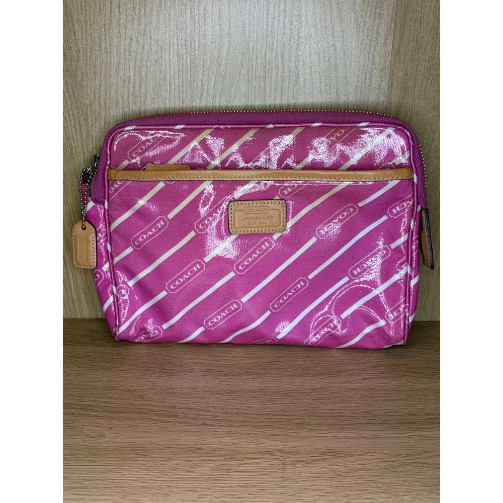Coach Pink Logo Stripe Cosmetic Case Medium